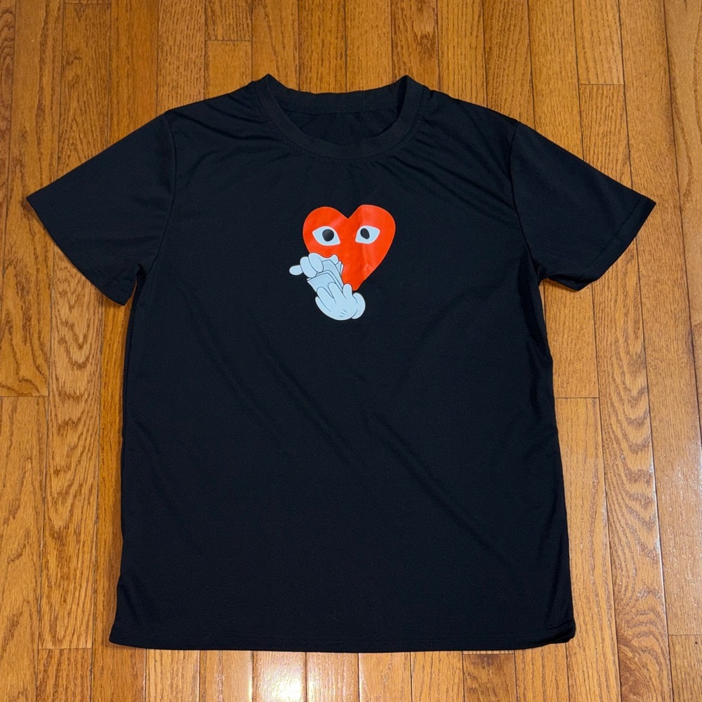 Black T-Shirt with Red Heart Graphic